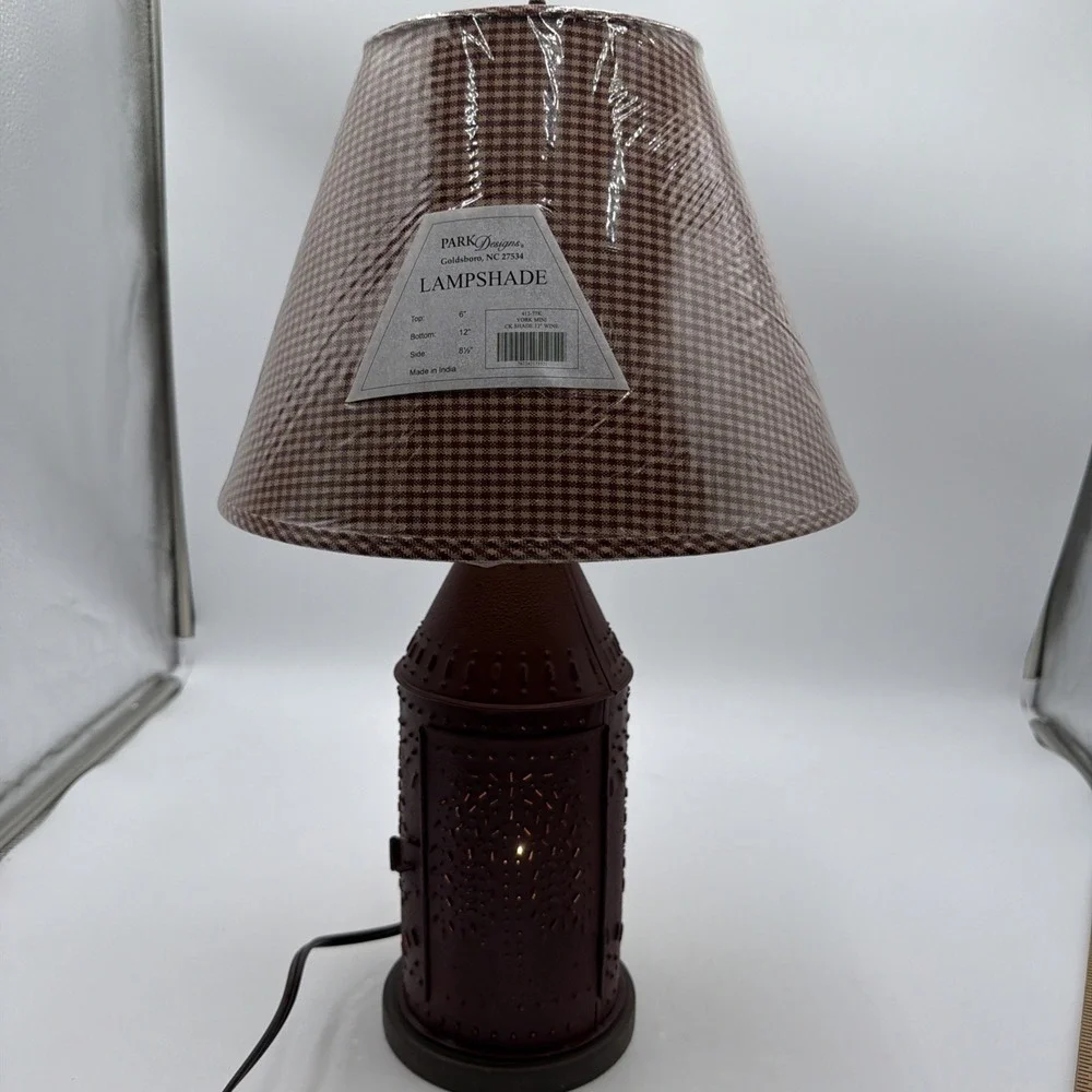 Vintage Primitive Punched Tin Willow Tree Table Lamp W/Homespun Check Shade